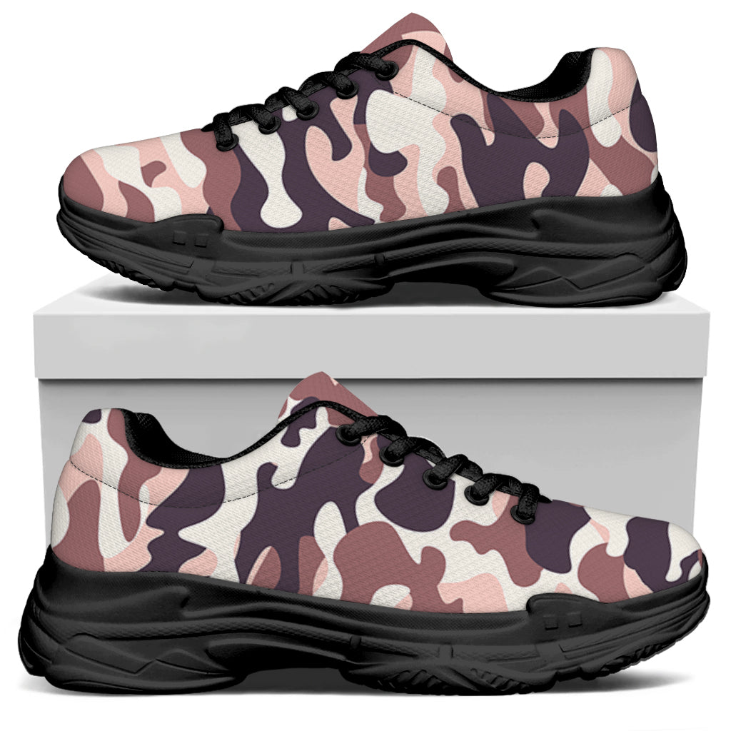 Pink Brown Camouflage Print Black Chunky Shoes