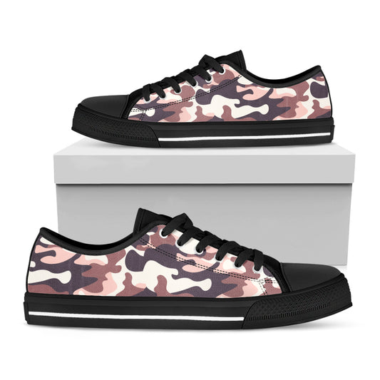 Pink Brown Camouflage Print Black Low Top Sneakers