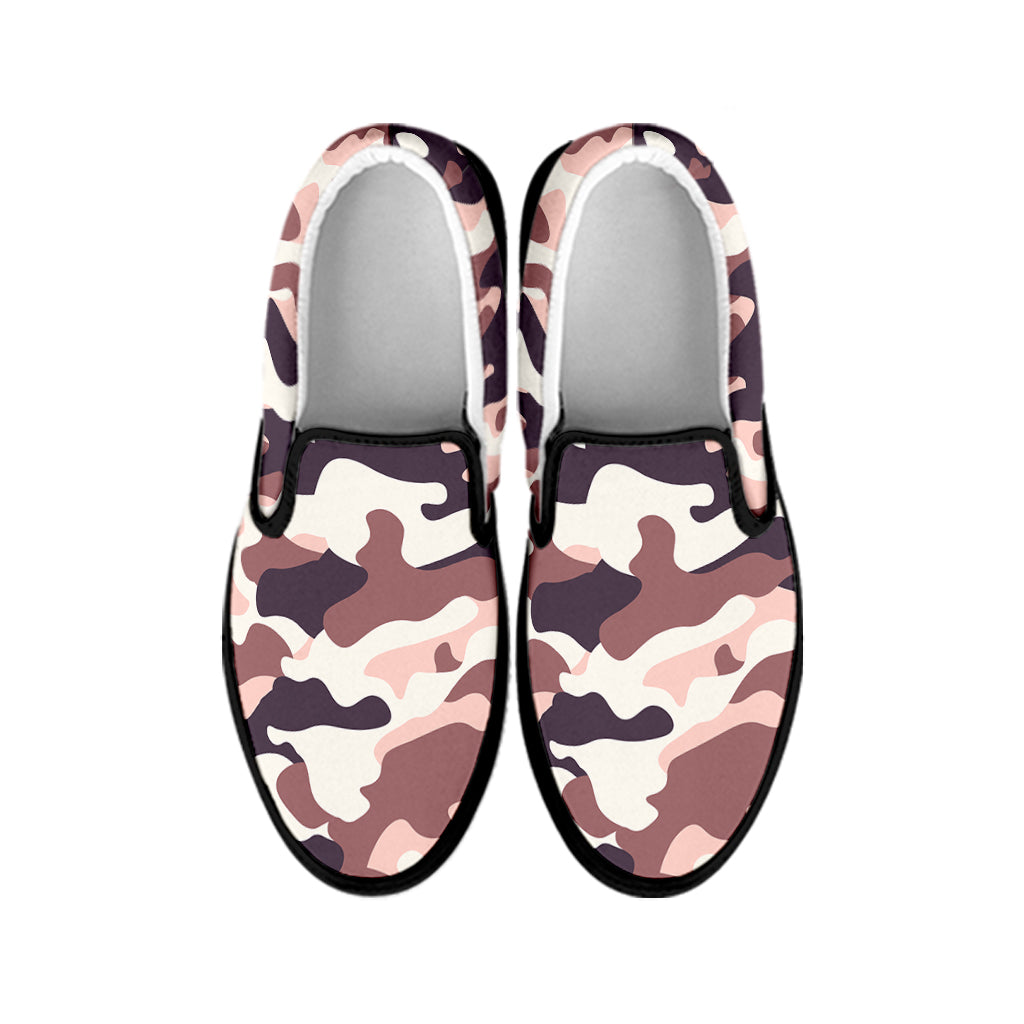 Pink Brown Camouflage Print Black Slip On Sneakers