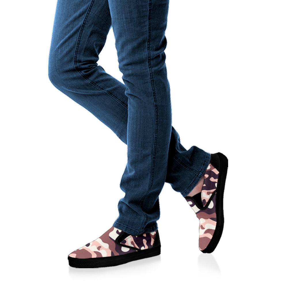 Pink Brown Camouflage Print Black Slip On Sneakers