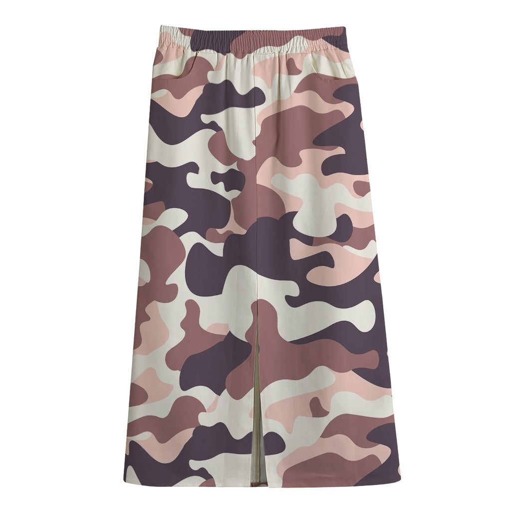 Pink Brown Camouflage Print Cotton Front Slit Maxi Skirt