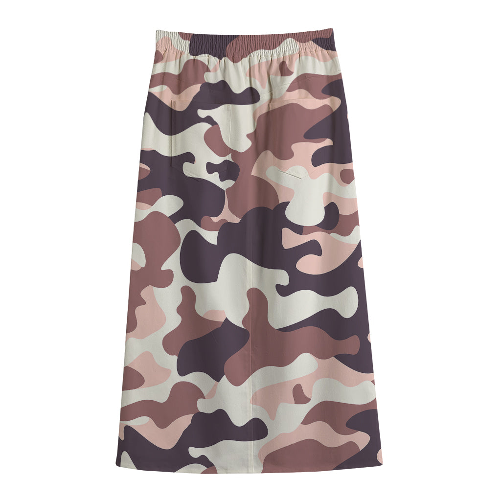 Pink Brown Camouflage Print Cotton Front Slit Maxi Skirt