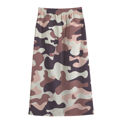 Pink Brown Camouflage Print Cotton Front Slit Maxi Skirt