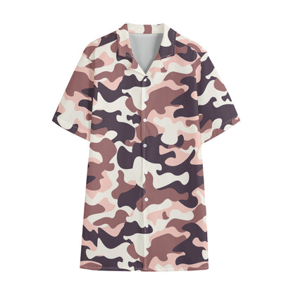 Pink Brown Camouflage Print Cotton Hawaiian Shirt