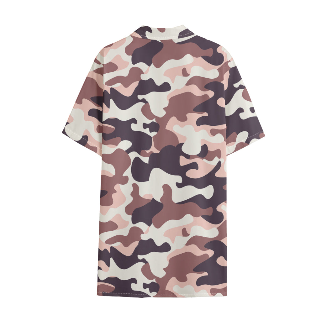 Pink Brown Camouflage Print Cotton Hawaiian Shirt
