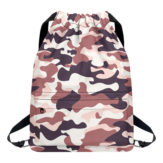 Pink Brown Camouflage Print Drawstring Backpack