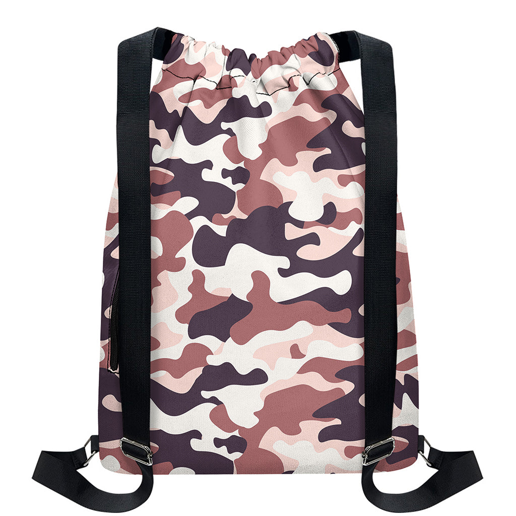 Pink Brown Camouflage Print Drawstring Backpack