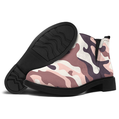 Pink Brown Camouflage Print Flat Ankle Boots