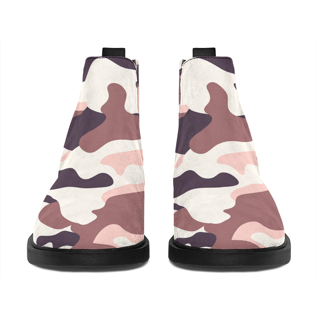 Pink Brown Camouflage Print Flat Ankle Boots