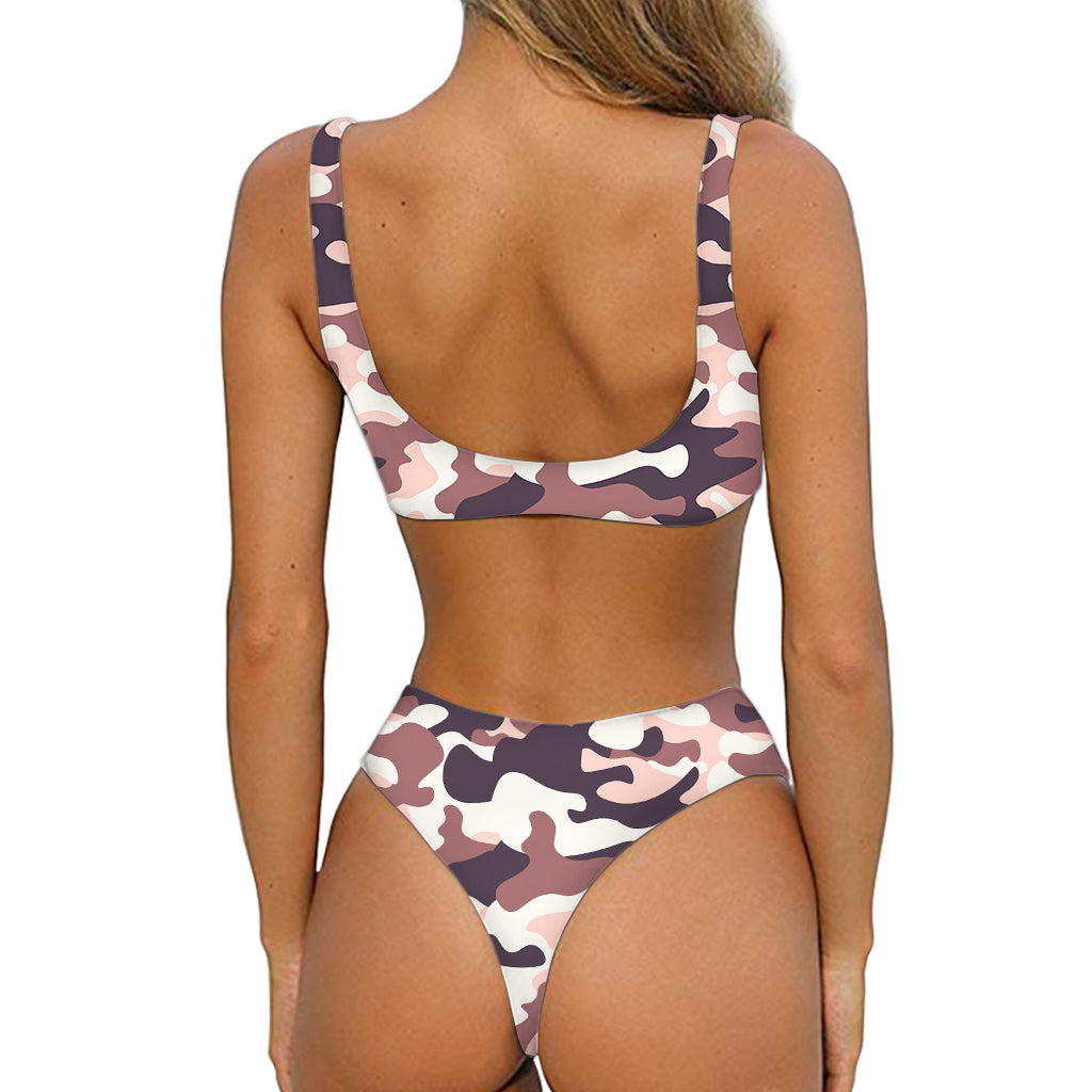 Pink Brown Camouflage Print Front Bow Tie Bikini