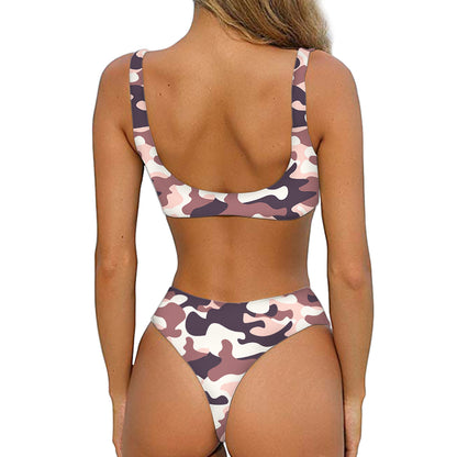 Pink Brown Camouflage Print Front Bow Tie Bikini