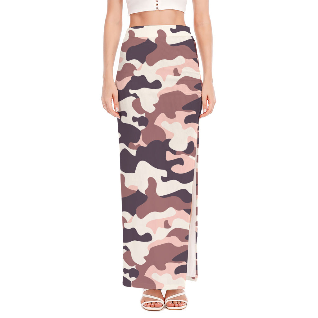 Pink Brown Camouflage Print High Slit Maxi Skirt