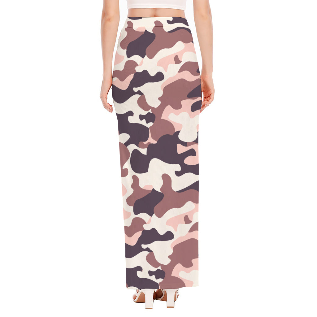 Pink Brown Camouflage Print High Slit Maxi Skirt