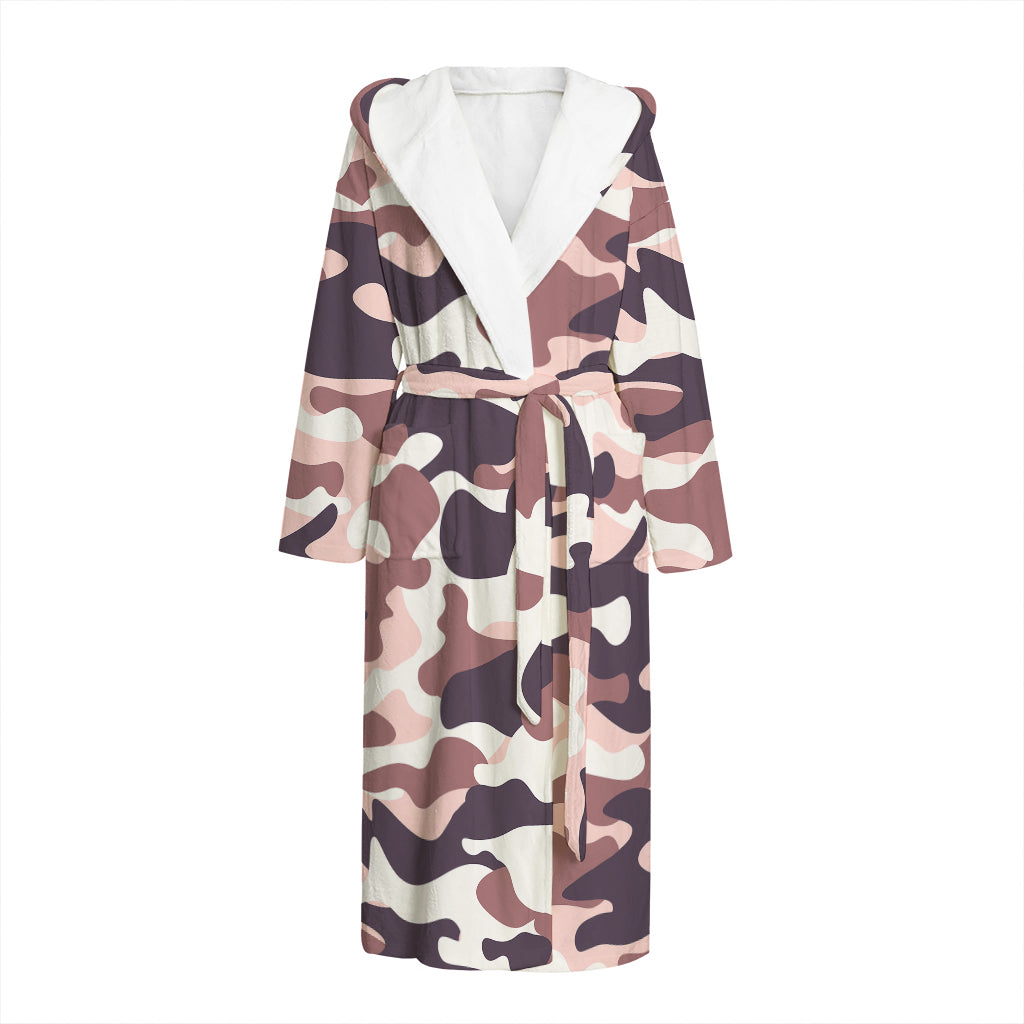 Pink Brown Camouflage Print Hooded Bathrobe