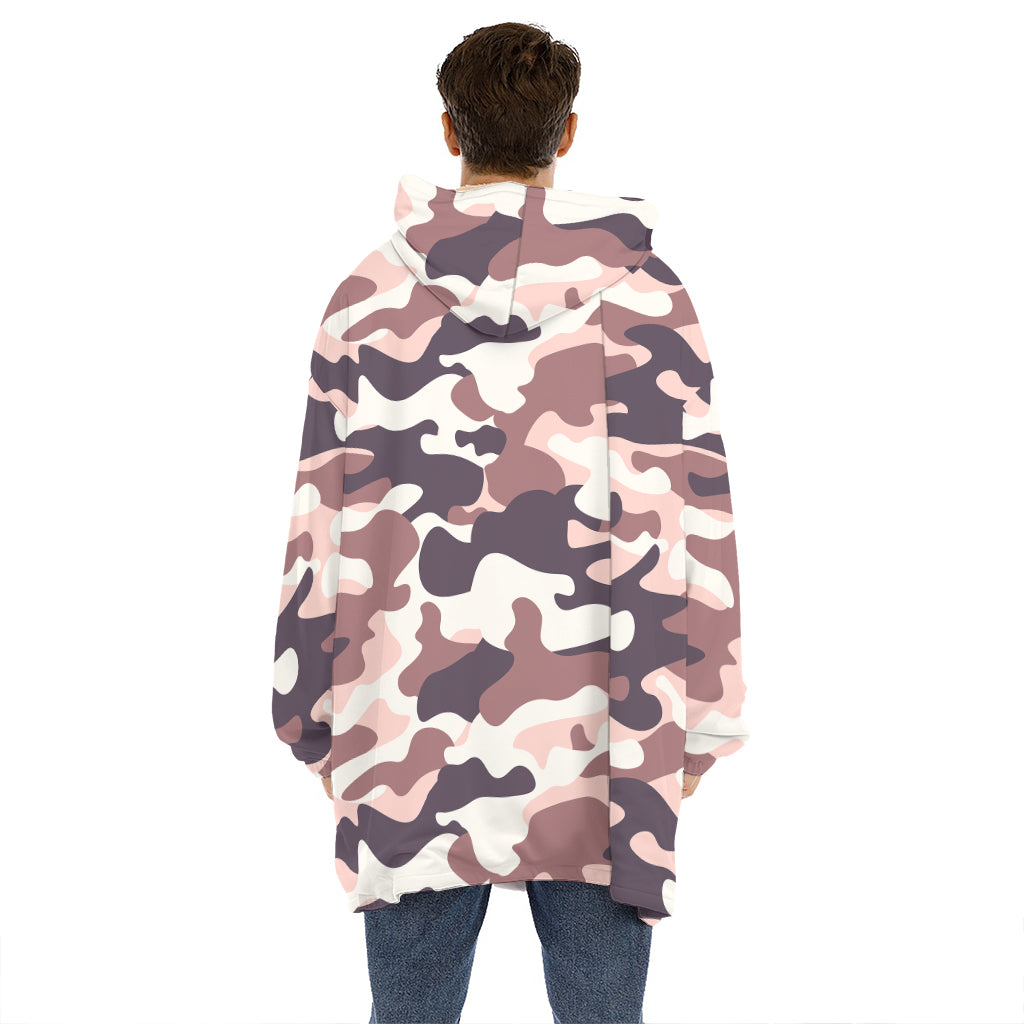 Pink Brown Camouflage Print Hoodie Blanket