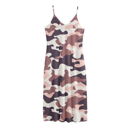Pink Brown Camouflage Print Jersey Midi Cami Dress