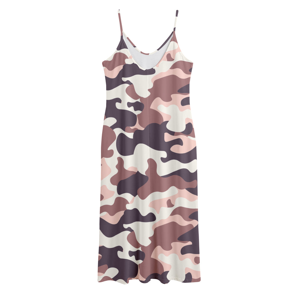 Pink Brown Camouflage Print Jersey Midi Cami Dress