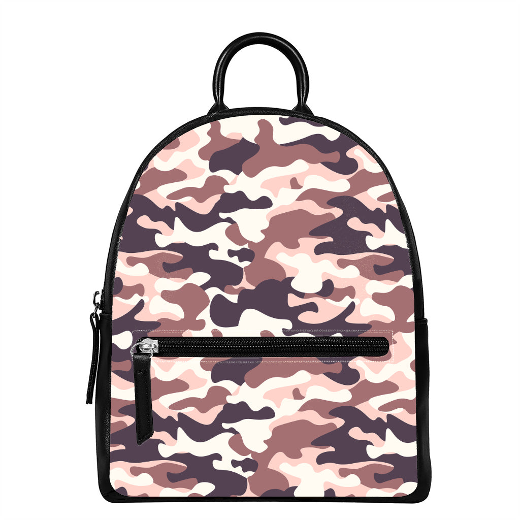 Pink Brown Camouflage Print Leather Backpack