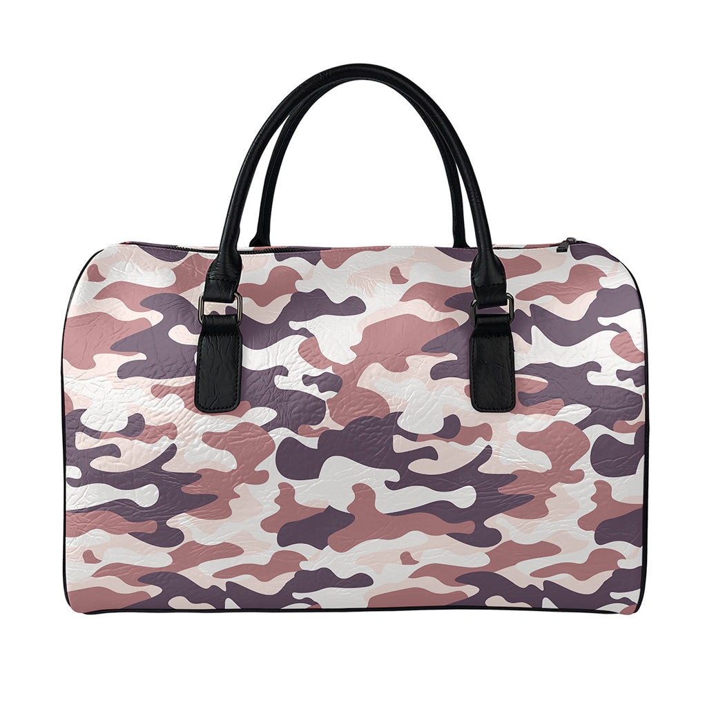 Pink Brown Camouflage Print Leather Duffle Bag