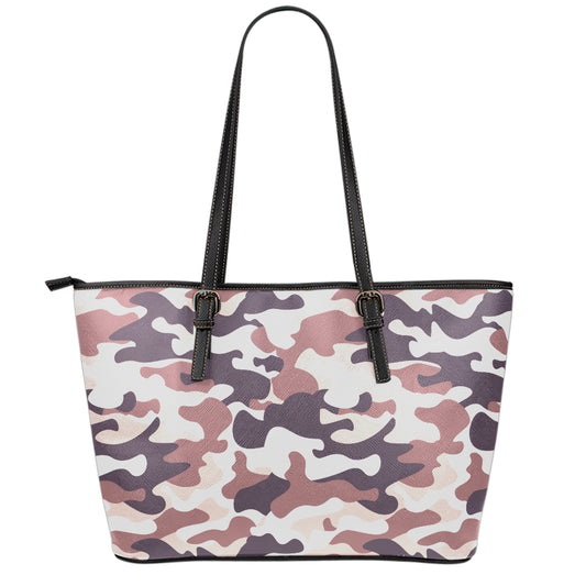 Pink Brown Camouflage Print Leather Tote Bag