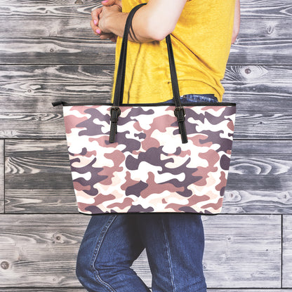 Pink Brown Camouflage Print Leather Tote Bag