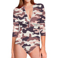 Pink Brown Camouflage Print Long Sleeve Swimsuit