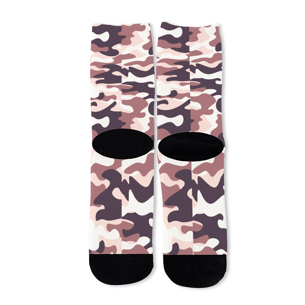 Pink Brown Camouflage Print Long Socks
