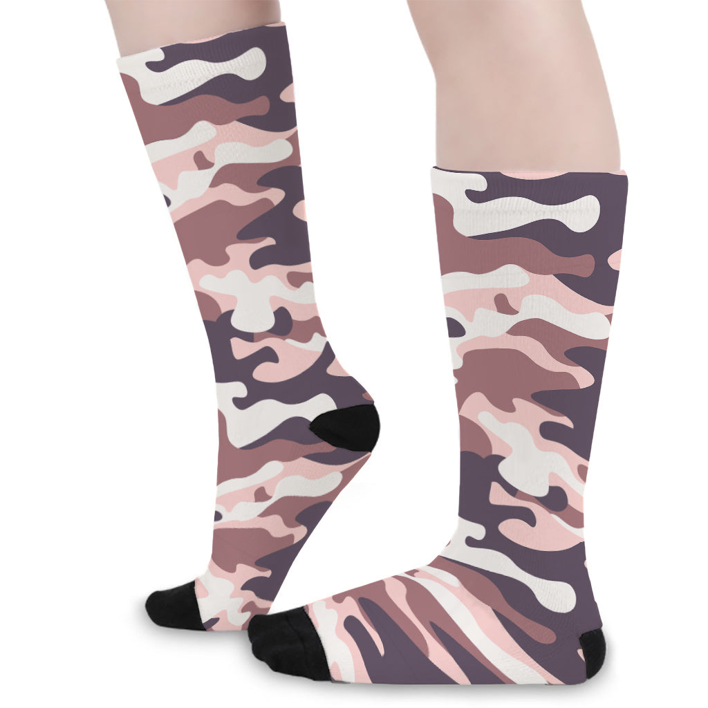 Pink Brown Camouflage Print Long Socks