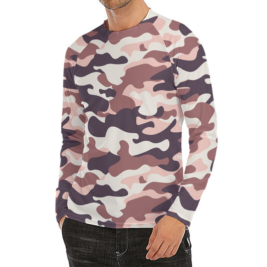 Pink Brown Camouflage Print Men's Long Sleeve Rash Guard