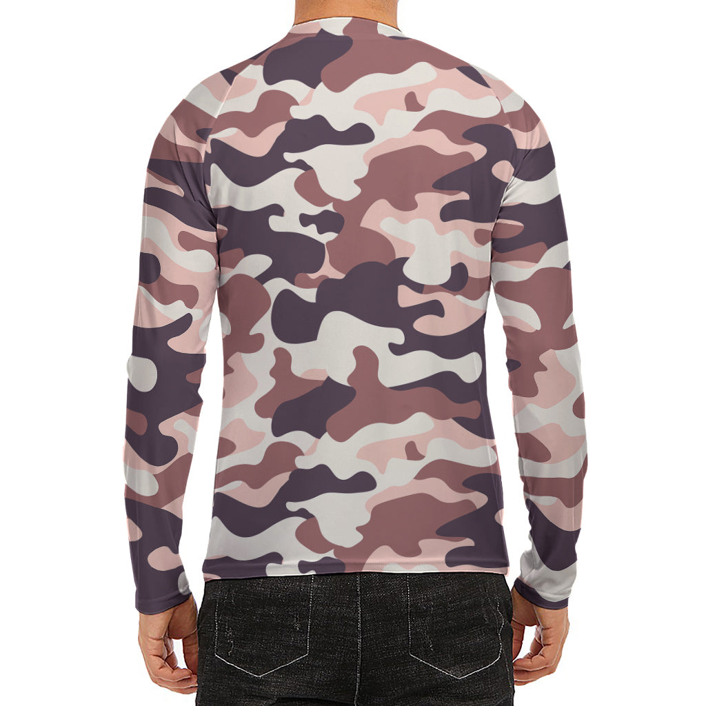 Pink Brown Camouflage Print Men's Long Sleeve Rash Guard