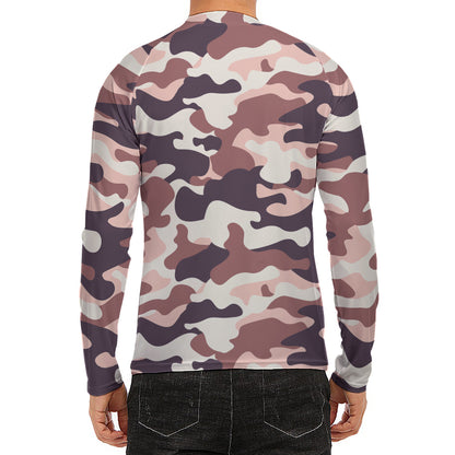 Pink Brown Camouflage Print Men's Long Sleeve Rash Guard