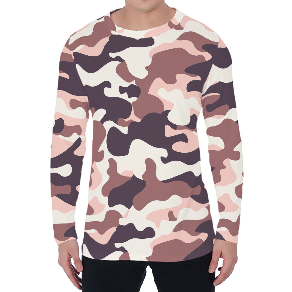 Pink Brown Camouflage Print Men's Long Sleeve T-Shirt