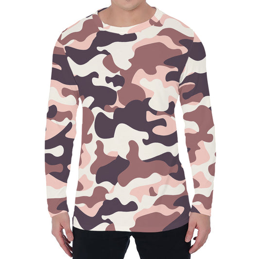 Pink Brown Camouflage Print Men's Long Sleeve T-Shirt
