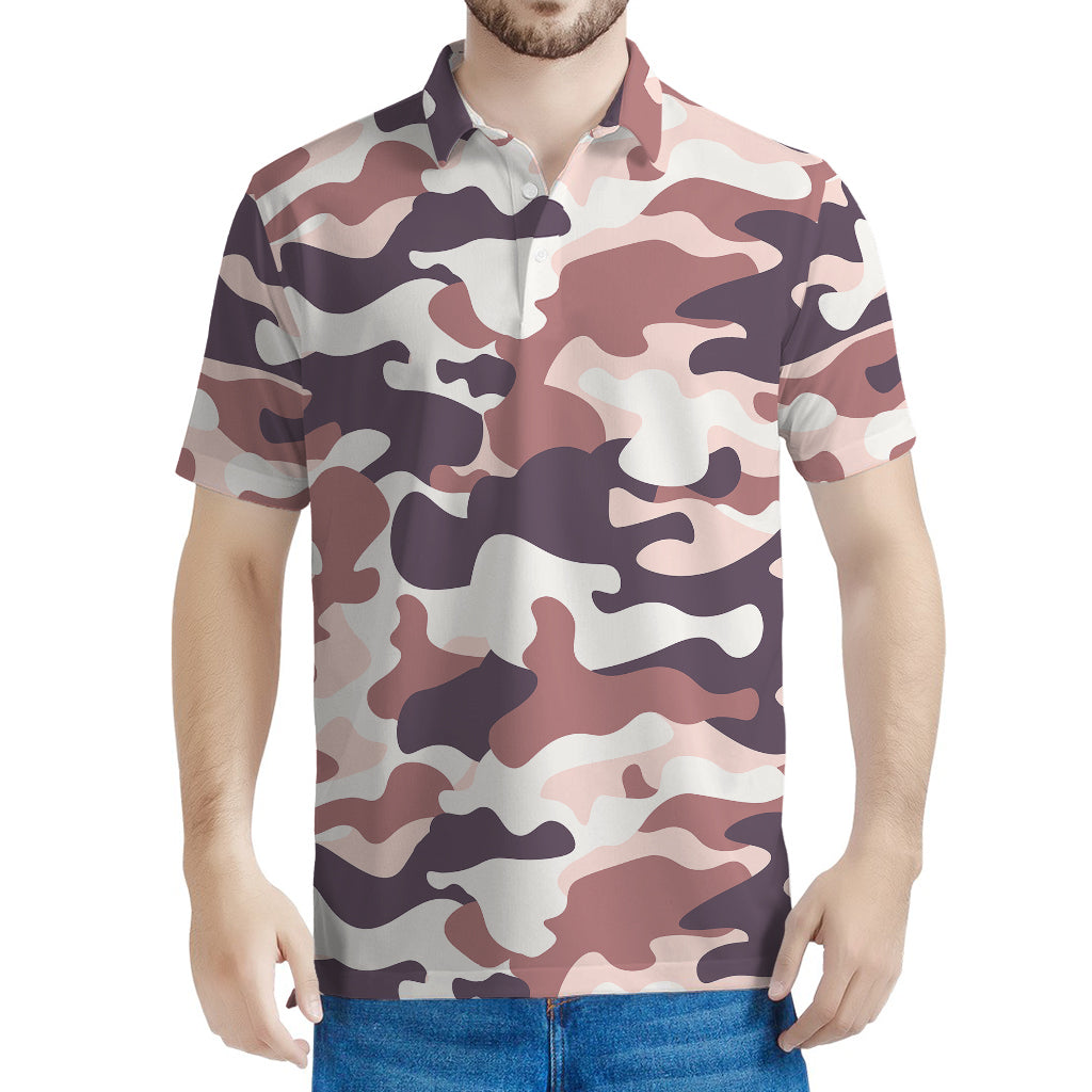 Pink Brown Camouflage Print Men's Polo Shirt
