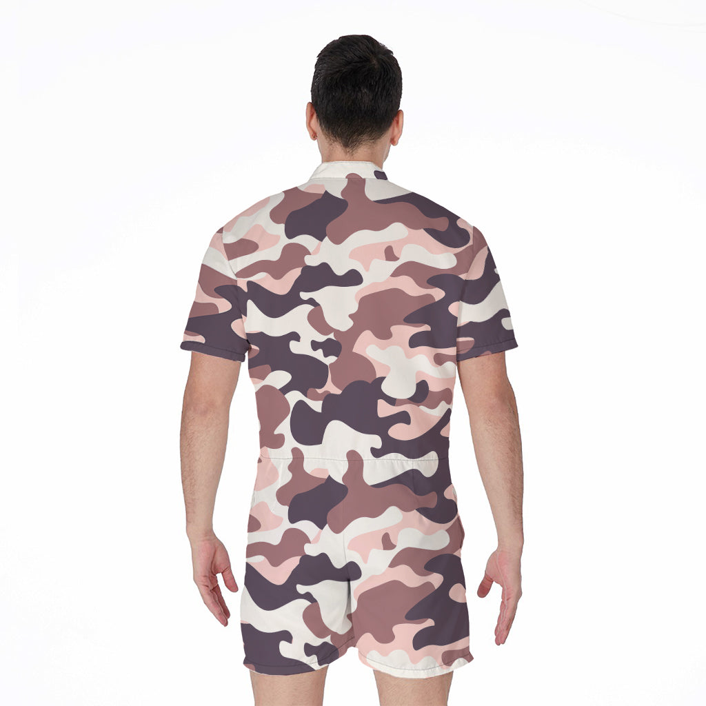 Pink Brown Camouflage Print Men's Rompers