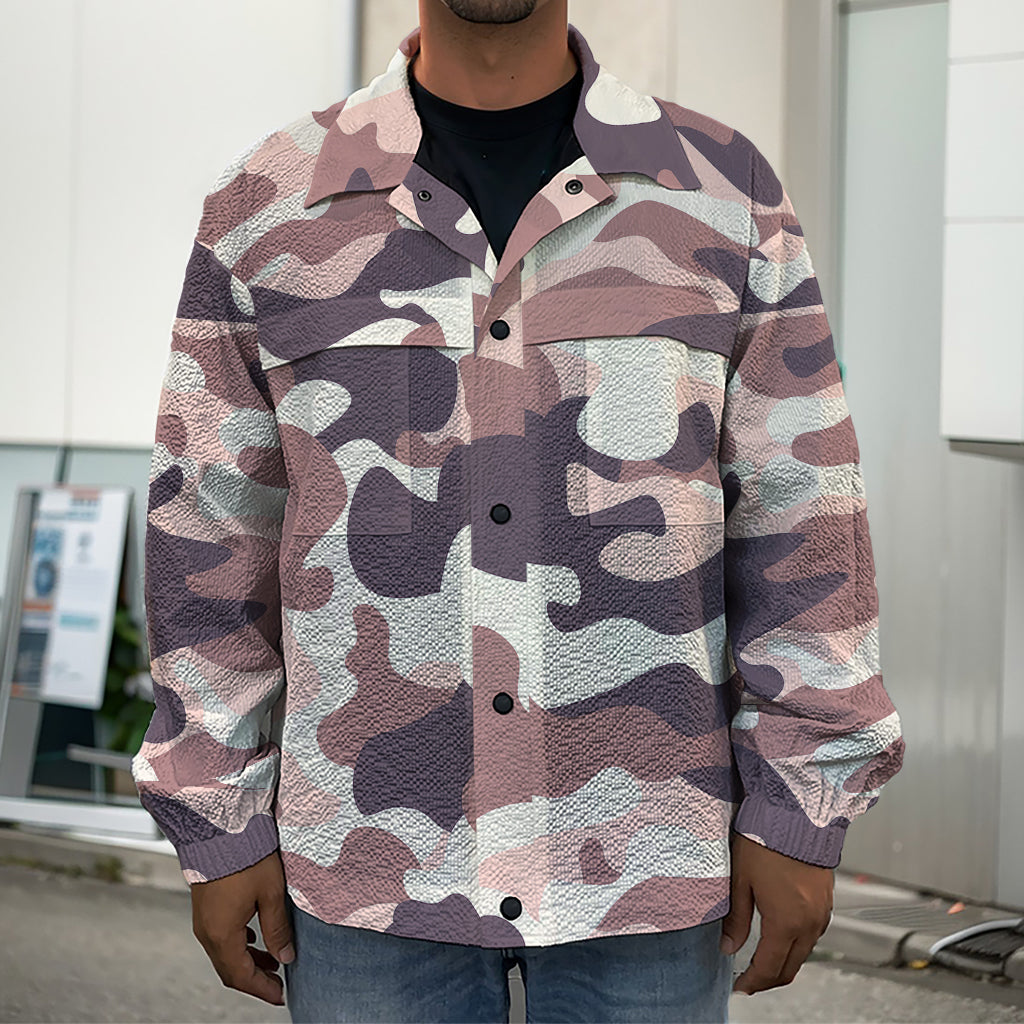 Pink Brown Camouflage Print Men's Shirt Jacket