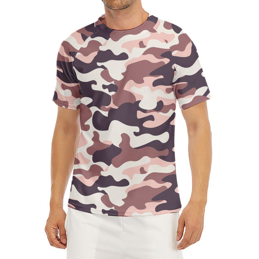 Pink Brown Camouflage Print Men's Short Sleeve Rash Guard