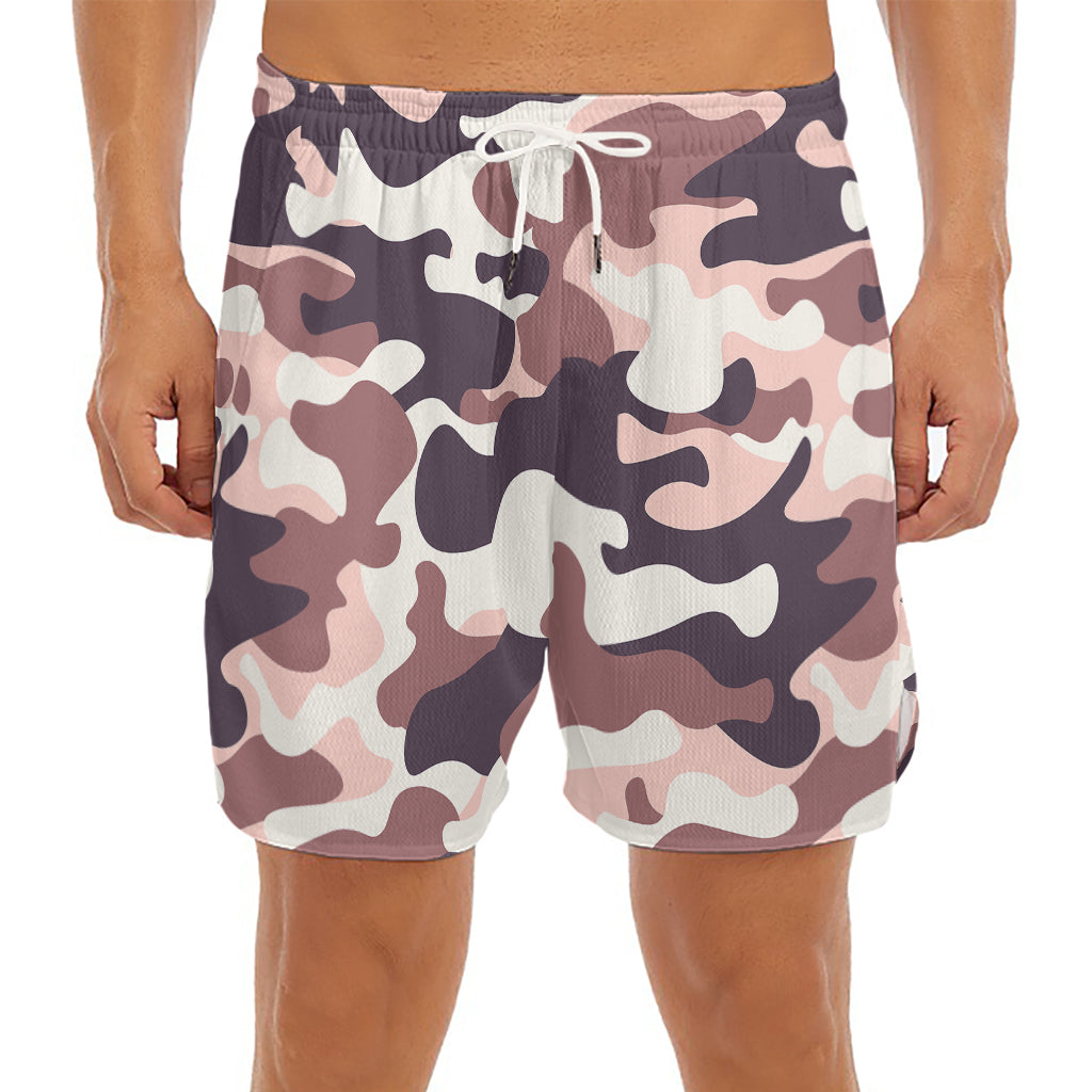 Pink Brown Camouflage Print Men's Split Running Shorts