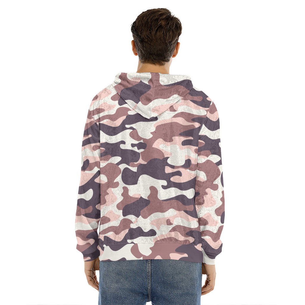 Pink Brown Camouflage Print Men's Velvet Pullover Hoodie