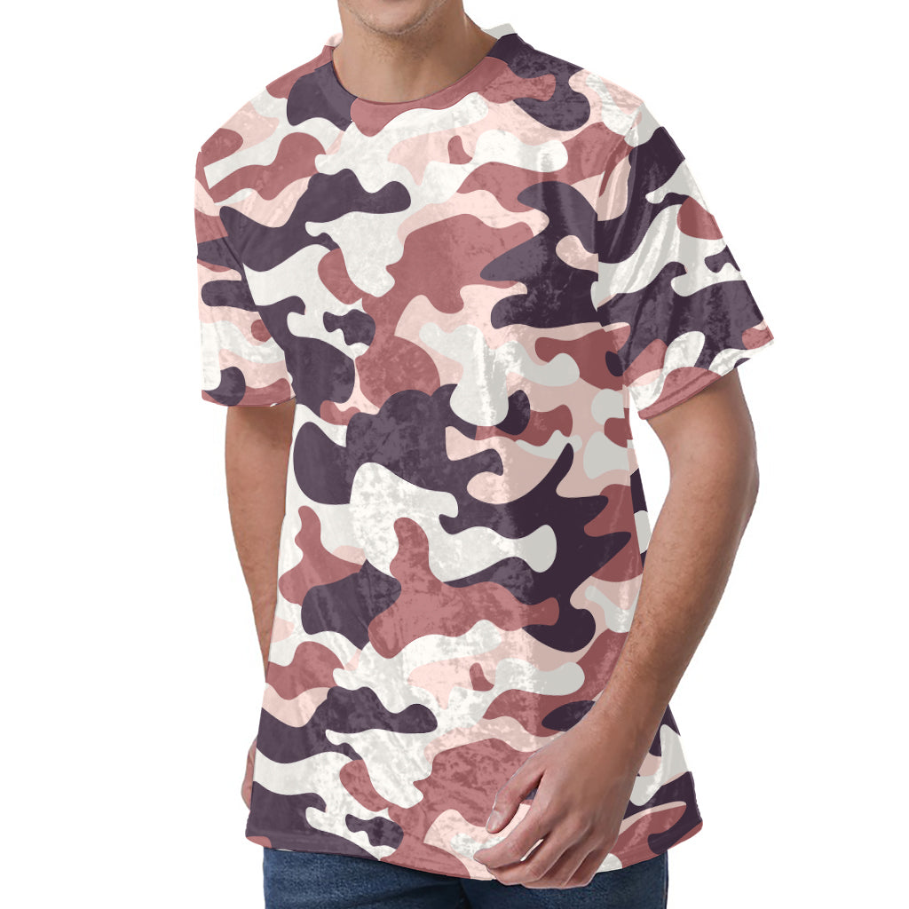 Pink Brown Camouflage Print Men's Velvet T-Shirt
