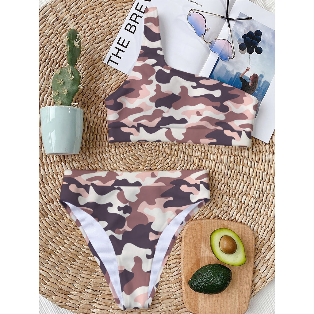 Pink Brown Camouflage Print One Shoulder Bikini Top