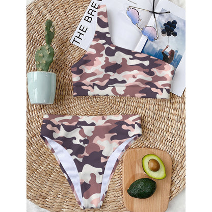 Pink Brown Camouflage Print One Shoulder Bikini Top