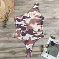Pink Brown Camouflage Print One Shoulder Bodysuit