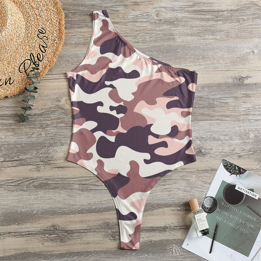 Pink Brown Camouflage Print One Shoulder Bodysuit