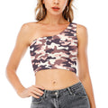 Pink Brown Camouflage Print One Shoulder Crop Top