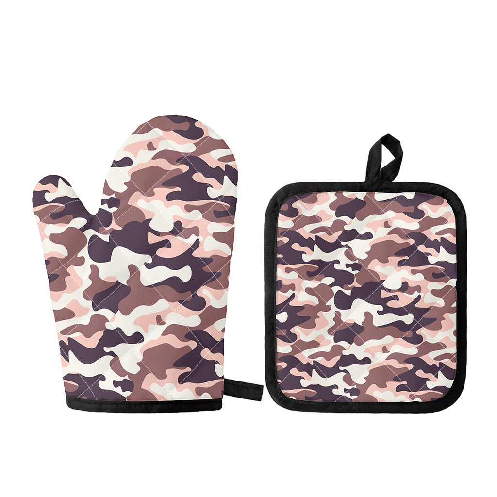 Pink Brown Camouflage Print Oven Mitt And Pot Holder Set