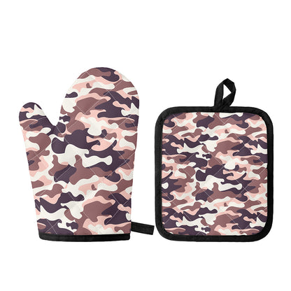 Pink Brown Camouflage Print Oven Mitt And Pot Holder Set