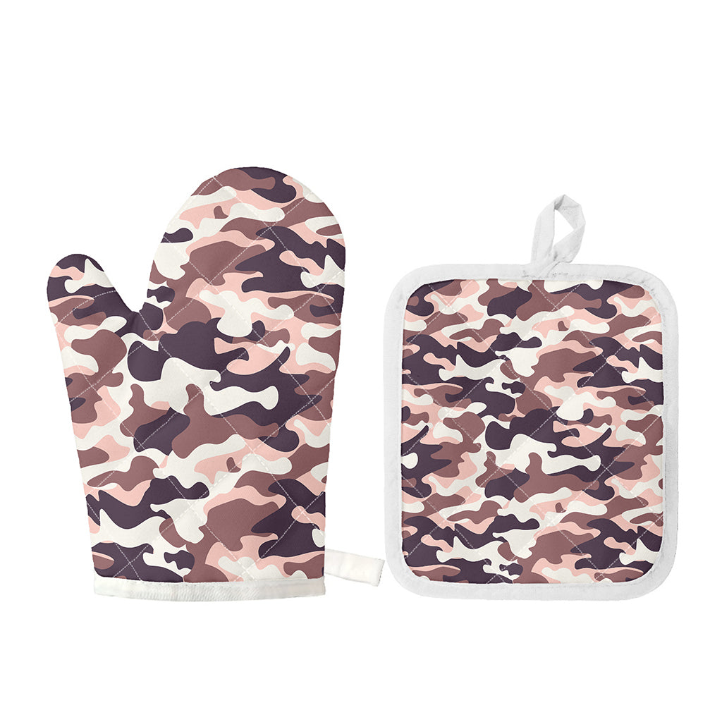 Pink Brown Camouflage Print Oven Mitt And Pot Holder Set