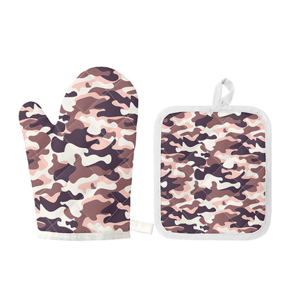 Pink Brown Camouflage Print Oven Mitt And Pot Holder Set