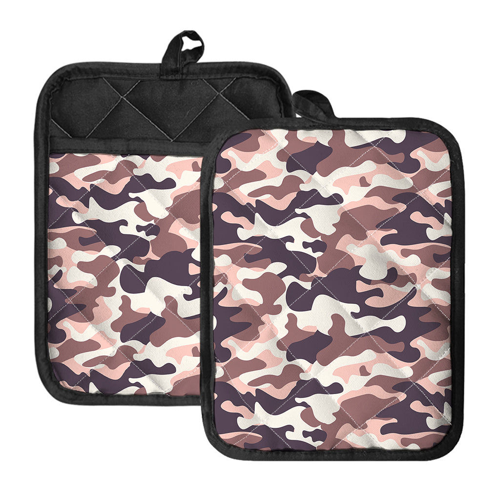 Pink Brown Camouflage Print Pot Holders With Pocket